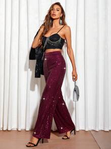 SHEIN Privé High Waist Sequin Wide Leg Pants - Purple - View 4