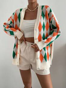 SHEIN Essnce Argyle Pattern Drop Shoulder Cardigan