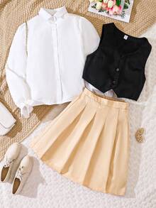 青少年女孩荷葉袖襯衫和背心和半身裙