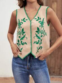 SHEIN LUNE 植物刺繡對比不對稱下擺無袖襯衫 - 杏色 - 查看 4