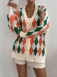 SHEIN Essnce Argyle Pattern Drop Shoulder Cardigan