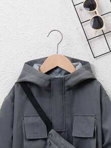 SHEIN Tween Boy Flap Pocket Hooded Coat & Bag - Grey - View 3