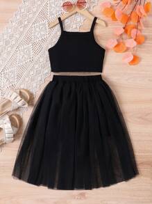 SHEIN Tween Girl Letter Graphic Cami Top & Mesh Overlay Skirt - Black - View 2