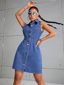 SHEIN Privé 女士牛仔連衣裙 - 淺色水洗藍 - 查看 2