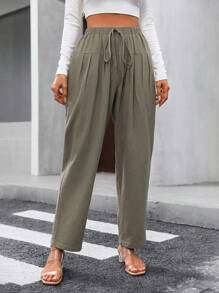 Chiquease Solid Knot Front Straight Leg Pants - Army Green - View 3