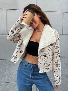 Amy Suther Đồ họa Hình Lót Teddy Dây kéo Áo khoác moto - Màu Khaki - Xem 1
