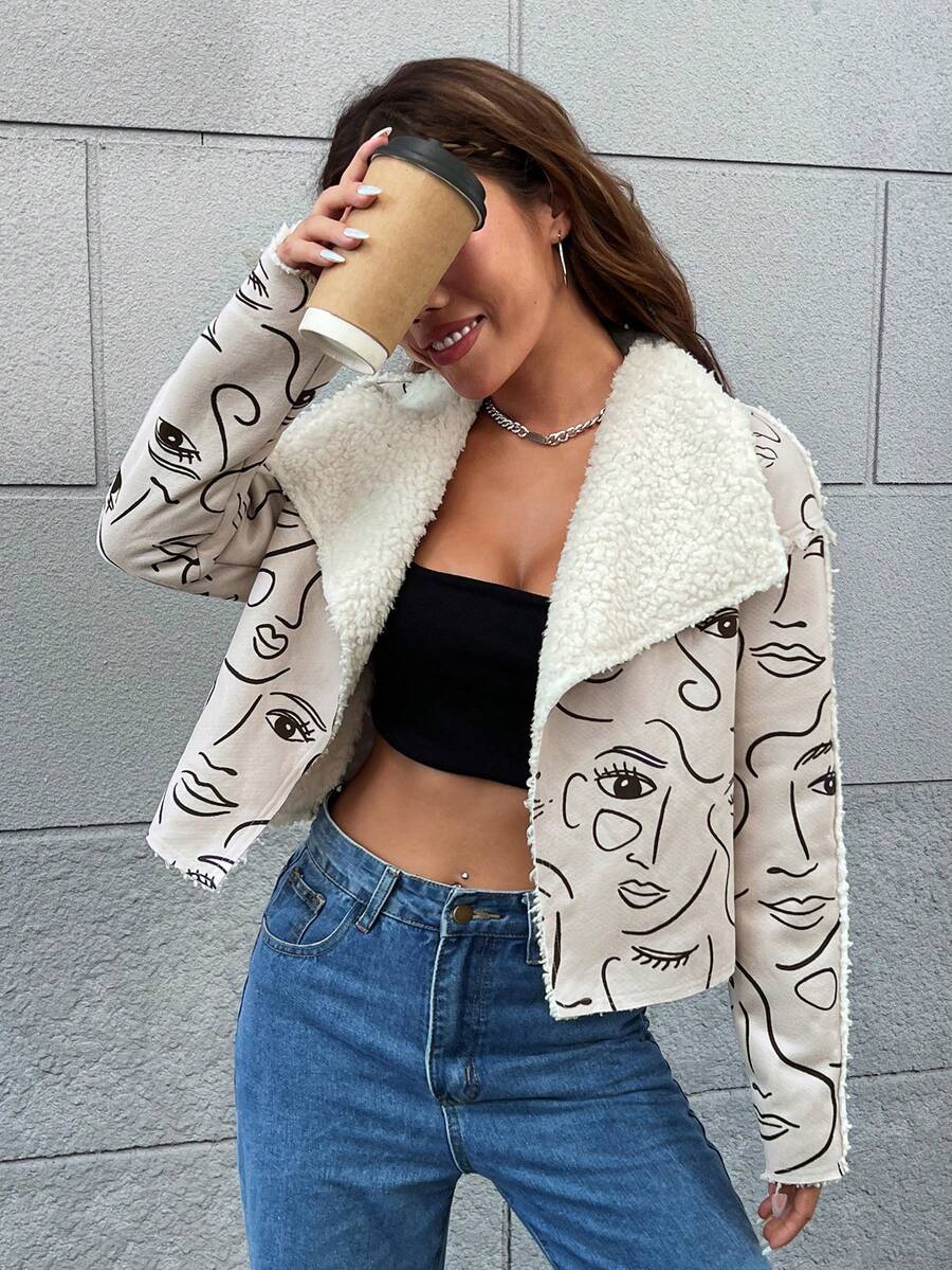 Amy Suther Đồ họa Hình Lót Teddy Dây kéo Áo khoác moto - Màu Khaki - Xem 1