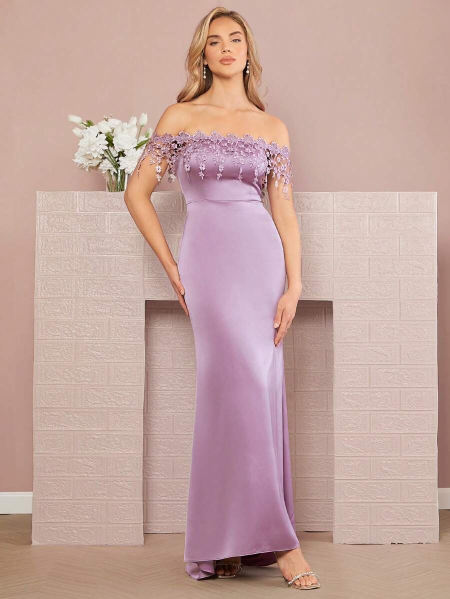 SHEIN Belle Váy lệch vai đính chi tiết Váy cô dâu viền nàng tiên cá - Màu tím hoa cà - Xem 1