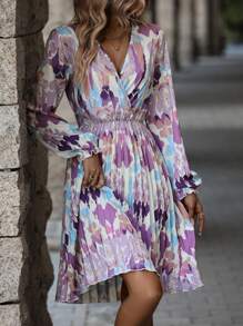 SHEIN LUNE Tie Dye Lantern Sleeve Pleated Hem Dress - Multicolor - View 6