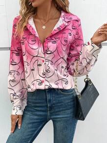 SHEIN LUNE Đồ họa Hình Nút phía trước Áo sơ mi - Hồng - Xem 6