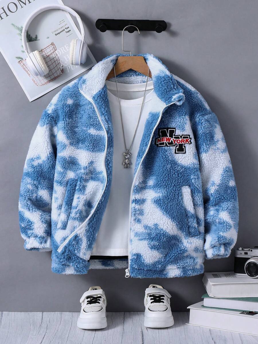 SHEIN Cô gái Tween Nhuộm buộc Thêu Chữ Dây kéo Áo khoác Teddy Without Tee - Nhiều màu - Xem 1