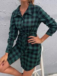 SHEIN LUNE 大格紋腰部抽繩襯衫洋裝 - 綠色 - 查看 7