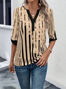 SHEIN LUNE 條紋印花缺口領襯衫 - 彩色 - 查看 5