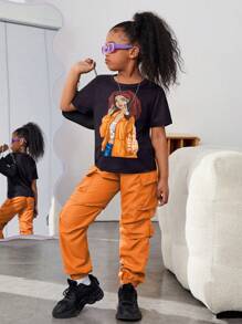 SHEIN 女大童人像圖案T恤和運動褲 - 橘色 - 查看 4