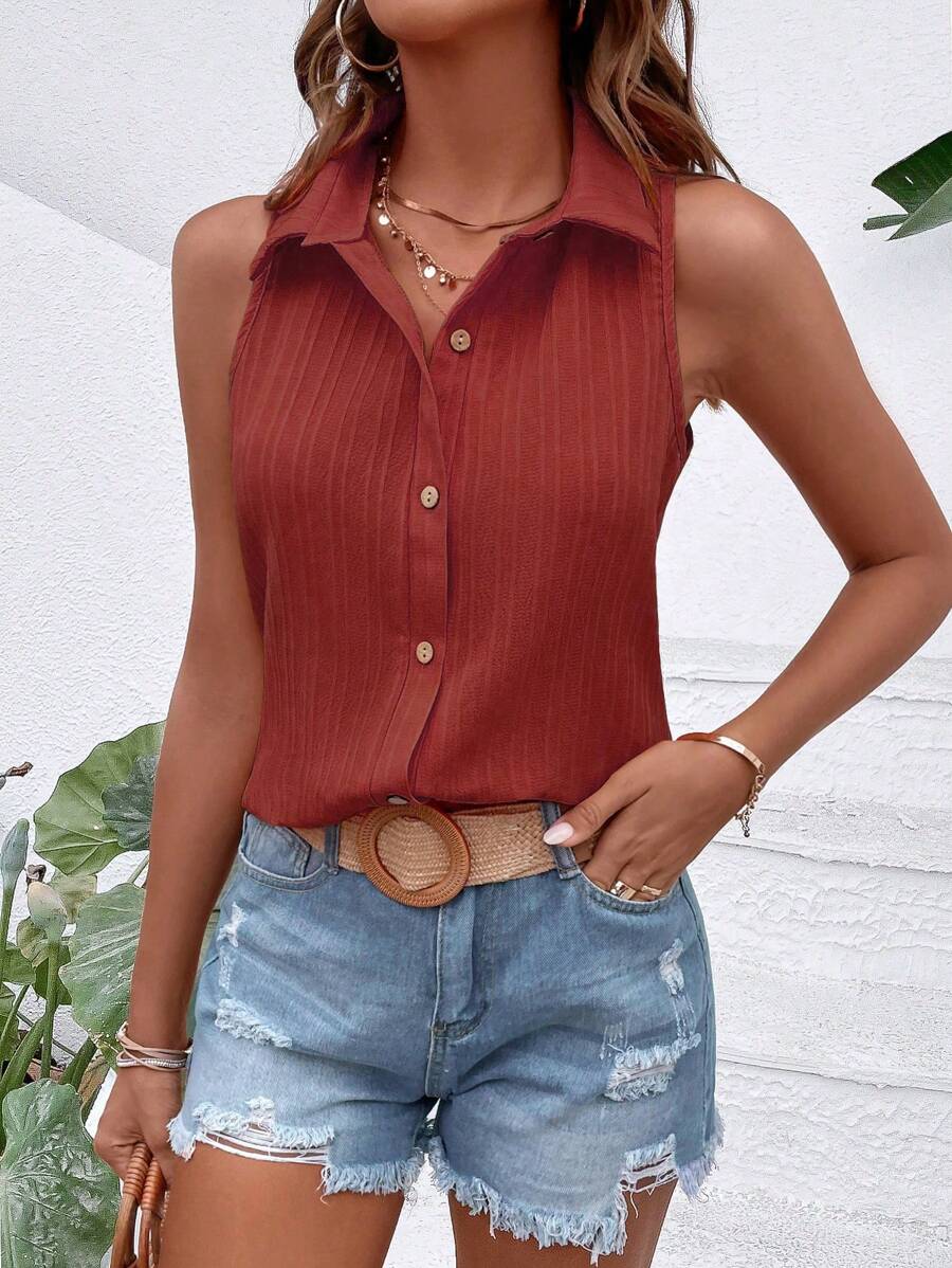 SHEIN LUNE Solid Button Front Sleeveless Shirt - Rust Brown - View 1