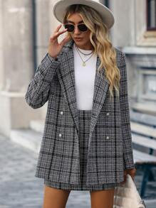 SHEIN Clasi Rock & Blazer Plaid doppelten Knopfleisten, - Schwarz und Weiss - Übersicht 1