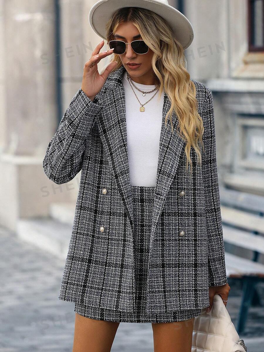 SHEIN Clasi Rock & Blazer Plaid doppelten Knopfleisten, - Schwarz und Weiss - Übersicht 1