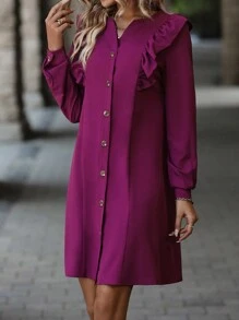 SHEIN Clasi 荷葉邊前紐扣襯衫洋裝 - 中紫紅色 - 查看 3