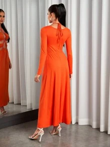 Zolique Cắt ra Crisscross Buộc lại Đầm - Màu Cam cháy - Xem 2