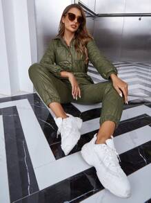 Eilly Bazar 休閒口袋 拉鍊 前紐扣純色女士連體褲