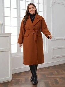 SHEIN Privé Plus Lapel Neck Belted Overcoat - Khaki - View 6