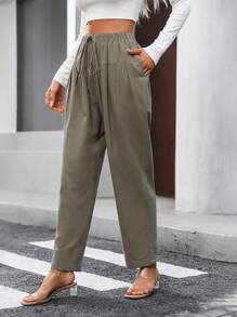 Chiquease Solid Knot Front Straight Leg Pants - Army Green - View 4