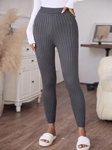 SHEIN LUNE Solid Knit Pants - Grey - View 3