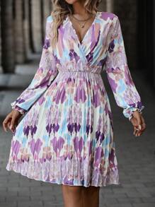 SHEIN LUNE Tie Dye Lantern Sleeve Pleated Hem Dress - Multicolor - View 5