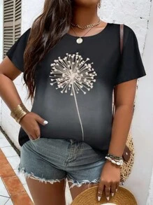 SHEIN LUNE Plus Dandelion Print Batwing Sleeve Tee - Dark Grey - View 4