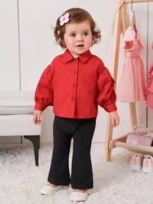 SHEIN Baby Girl Drop Shoulder Button Front Shirt - Red - View 5