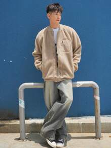 DAZY 男士拉鍊插肩袖泰迪飛行員夾克 - 杏色 - 查看 6