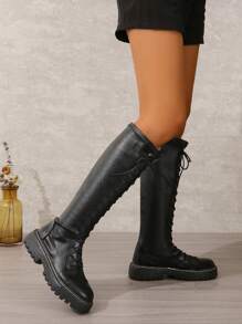 秋冬女士中筒靴，PU 软皮，黑色，及膝长度 - 黑色 - 查看 3