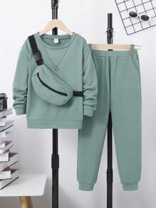 SHEIN Bộ 3 món Áo nỉ cổ tròn cơ bản thường ngày cho bé trai + Quần dài cơ bản + Túi đeo chéo có khóa kéo, Chất liệu nỉ dày dặn - Màu xanh Bạc hà - Xem 2