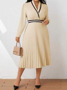 SHEIN Clasi Plus Contrast Trim Pleated Hem Dress - Apricot - View 1
