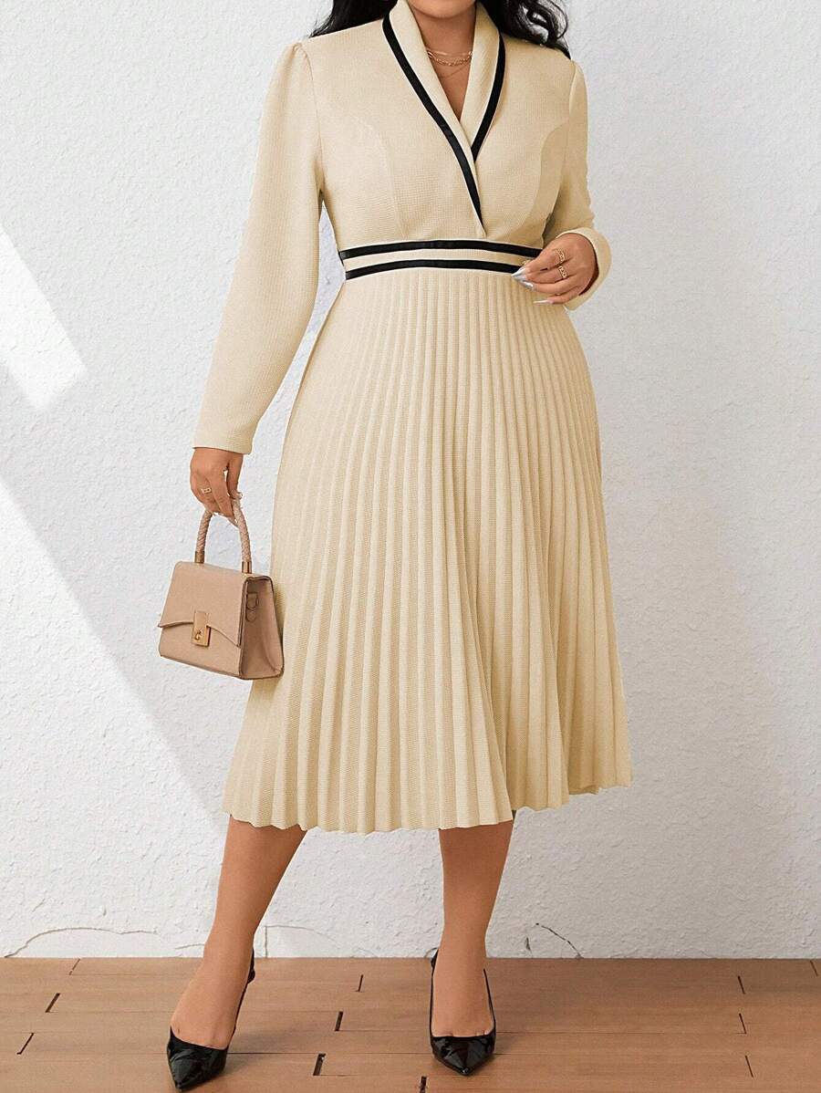 SHEIN Clasi Plus Contrast Trim Pleated Hem Dress - Apricot - View 1