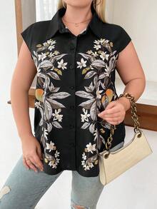 Calvaya Hơn In hoa Nút phía trước Áo sơ mi - màu đen - Xem 4