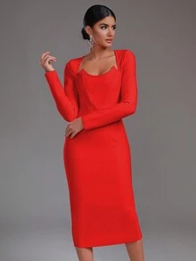 Modphy Đầm dự tiệc bodycon tay dài xẻ lưng trơn màu - Đỏ - Xem 4