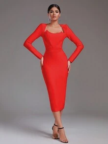 Modphy Đầm dự tiệc bodycon tay dài xẻ lưng trơn màu - Đỏ - Xem 7