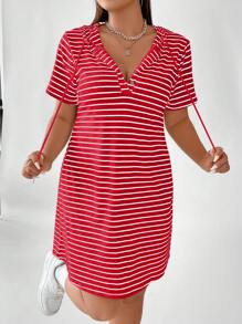 Flirla Plus Striped Drawstring Hooded Tee Dress For New Year, Summer - Red - View 6