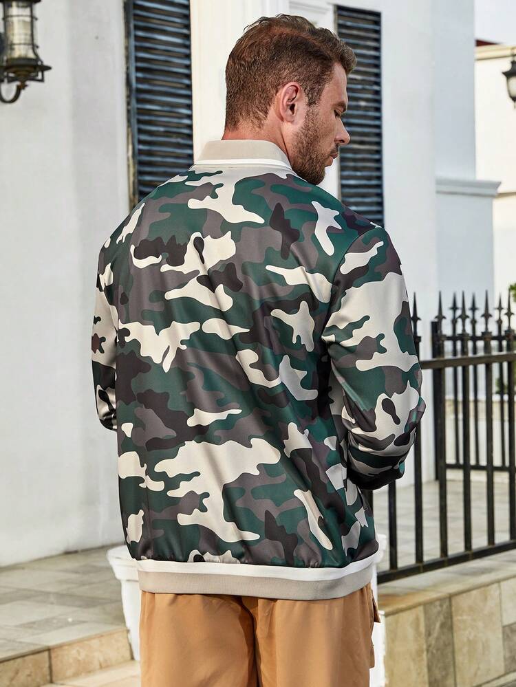 Men Plus Camo Print Bomber Jacket