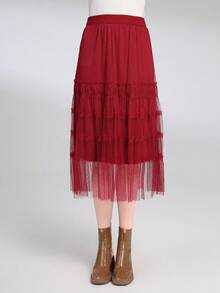 Dobby Mesh Overlay Skirt - Burgundy - View 4
