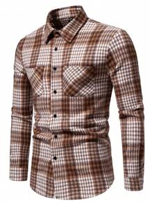 SHEIN X Galloways Manfinity Homme Men Plaid Print Pocket Patched Button Up Overcoat