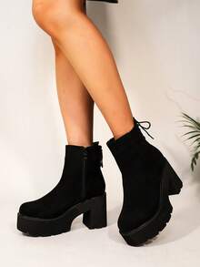 Botines de mujeres elegante invierno negro tacón alto con cremallera cierre , trasero con tira detalle , tacón cuadrado & grueso suela - Negro - Ver 6