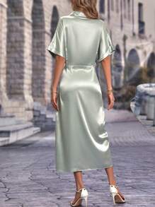 SHEIN Clasi Batwing Sleeve Ruched Button Front Satin Shirt Dress - Silver - View 2