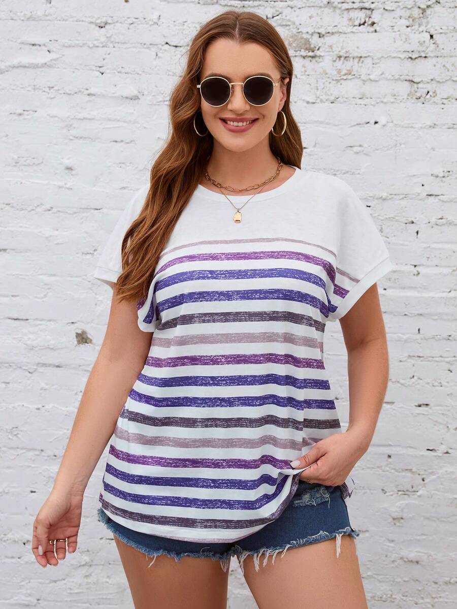 SHEIN LUNE Hơn Sọc tay cánh Áo thun - trắng - Xem 1