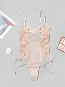 Floral Embroidery Mesh Underwire Teddy Bodysuit - Multicolor - View 2