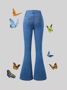 SHEIN Quần jeans nữ tuổi teen phong cách Y2K Boho, cạp điều chỉnh được, rách, co giãn, ống rộng. - Rửa trung bình - Xem 2