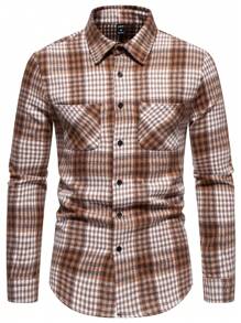 SHEIN X Galloways Manfinity Homme Men Plaid Print Pocket Patched Button Up Overcoat