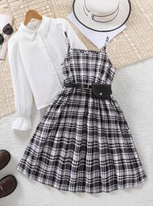SHEIN 女大童格紋印花吊帶洋裝&荷葉袖襯衫&腰包 - 黑色 - 查看 5