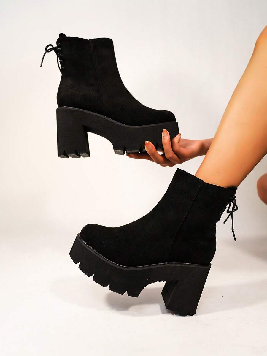 Botines de mujeres elegante invierno negro tacón alto con cremallera cierre , trasero con tira detalle , tacón cuadrado & grueso suela - Negro - Ver 1